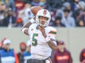 November 17, 2018: Miami Hurricanes quarterback N'Kosi Perry (5) looks for a receiver downfield during NCAA football action between the Miami Hurricanes and the Virginia Tech Hokies at Lane Stadium in Blacksburg, VA. Jonathan Huff/CSM