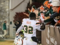 November 17, 2018: Miami Hurricanes running back Trayone Gray (32) celebrates the Miami victory after NCAA football action between the Miami Hurricanes and the Virginia Tech Hokies at Lane Stadium in Blacksburg, VA. Jonathan Huff/CSM