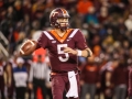 November 17, 2018: Virginia Tech Hokies quarterback Ryan Willis (5) looks for a receiver downfield during NCAA football action between the Miami Hurricanes and the Virginia Tech Hokies at Lane Stadium in Blacksburg, VA. Jonathan Huff/CSM
