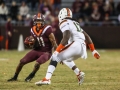 November 17, 2018: Virginia Tech Hokies wide receiver Tre Turner (11) tries to break free of Miami defenders during NCAA football action between the Miami Hurricanes and the Virginia Tech Hokies at Lane Stadium in Blacksburg, VA. Jonathan Huff/CSM