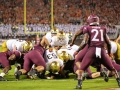 October 6, 2018: Notre Dame Fighting Irish quarterback Ian Book (12) dives over the Notre Dame offensive-line for a first down during NCAA football action between the Notre Dame Fighting Irish and the Virginia Tech Hokies at Lane Stadium in Blacksburg, VA. Jonathan Huff/CSM
