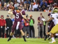 October 6, 2018: Virginia Tech Hokies quarterback Ryan Willis (5) looks for a receiver down field during NCAA football action between the Notre Dame Fighting Irish and the Virginia Tech Hokies at Lane Stadium in Blacksburg, VA. Jonathan Huff/CSM