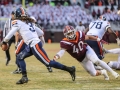 November 23, 2018: Virginia Cavaliers quarterback Bryce Perkins (3) avoids Virginia Tech Hokies defensive lineman Emmanuel Belmar (40) during NCAA football action between the Virginia Cavaliers and the Virginia Tech Hokies at Lane Stadium in Blacksburg, VA. Jonathan Huff/CSM