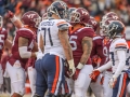 November 23, 2018: Virginia Tech Hokies defensive lineman Ricky Walker (25) and Virginia Cavaliers offensive lineman Marcus Applefield (71) face-off after a heated play during NCAA football action between the Virginia Cavaliers and the Virginia Tech Hokies at Lane Stadium in Blacksburg, VA. Jonathan Huff/CSM
