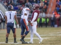 November 23, 2018: Virginia Tech Hokies defensive back Khalil Ladler (9) and Virginia Cavaliers wide receiver Hasise Dubois (8) face-off after a heated play during NCAA football action between the Virginia Cavaliers and the Virginia Tech Hokies at Lane Stadium in Blacksburg, VA. Jonathan Huff/CSM