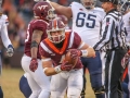 November 23, 2018: Virginia Tech Hokies linebacker Dax Hollifield (4) runs out of a pile with a recovered Cavaliers fumble during NCAA football action between the Virginia Cavaliers and the Virginia Tech Hokies at Lane Stadium in Blacksburg, VA. Jonathan Huff/CSM