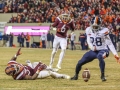 November 23, 2018: Virginia Tech Hokies running back Steven Peoples (32) fumbles the football into the end zone; Which is picked up for a touchdown by Virginia Tech Hokies wide receiver Hezekiah Grimsley (6) during NCAA football action between the Virginia Cavaliers and the Virginia Tech Hokies at Lane Stadium in Blacksburg, VA. Jonathan Huff/CSM