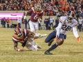 November 23, 2018: Virginia Tech Hokies running back Steven Peoples (32) fumbles the football into the end zone; Which is picked up for a touchdown by Virginia Tech Hokies wide receiver Hezekiah Grimsley (6) during NCAA football action between the Virginia Cavaliers and the Virginia Tech Hokies at Lane Stadium in Blacksburg, VA. Jonathan Huff/CSM