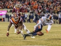 November 23, 2018: Virginia Tech Hokies running back Steven Peoples (32) fumbles the football into the end zone; Which is picked up for a touchdown by Virginia Tech Hokies wide receiver Hezekiah Grimsley (6) during NCAA football action between the Virginia Cavaliers and the Virginia Tech Hokies at Lane Stadium in Blacksburg, VA. Jonathan Huff/CSM