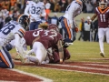 November 23, 2018: Virginia Tech Hokies running back Steven Peoples (32) fumbles the football into the end zone; Which is picked up for a touchdown by Virginia Tech Hokies wide receiver Hezekiah Grimsley (6) during NCAA football action between the Virginia Cavaliers and the Virginia Tech Hokies at Lane Stadium in Blacksburg, VA. Jonathan Huff/CSM
