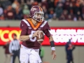 November 23, 2018: Virginia Tech Hokies quarterback Ryan Willis (5) escapes out of the backfield during NCAA football action between the Virginia Cavaliers and the Virginia Tech Hokies at Lane Stadium in Blacksburg, VA. Jonathan Huff/CSM