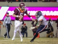 November 23, 2018: Virginia Tech Hokies quarterback Ryan Willis (5) tries escapes out of the backfield during NCAA football action between the Virginia Cavaliers and the Virginia Tech Hokies at Lane Stadium in Blacksburg, VA. Jonathan Huff/CSM