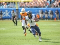 September 1, 2018: West Virginia Mountaineers wide receiver T.J. Simmons (1) breaks free of defenders to score a touchdown in the first half during NCAA football action between the West Virginia Mountaineers and the Tennessee Volunteers at the Belk College Kickoff at Bank of America Stadium in Charlotte, NC. Jonathan Huff/CSM