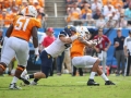 September 1, 2018: Tennessee Volunteers quarterback Jarrett Guarantano (2) sacked by West Virginia Mountaineers defensive lineman Reese Donahue (46) during NCAA football action between the West Virginia Mountaineers and the Tennessee Volunteers at the Belk College Kickoff at Bank of America Stadium in Charlotte, NC. Jonathan Huff/CSM