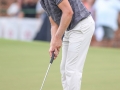 August 18, 2018: Harris English putts for birdie on the 9th green during the third round of the Wyndham Championship at Sedgefield Country Club in Greensboro, NC. Jonathan Huff/CSM